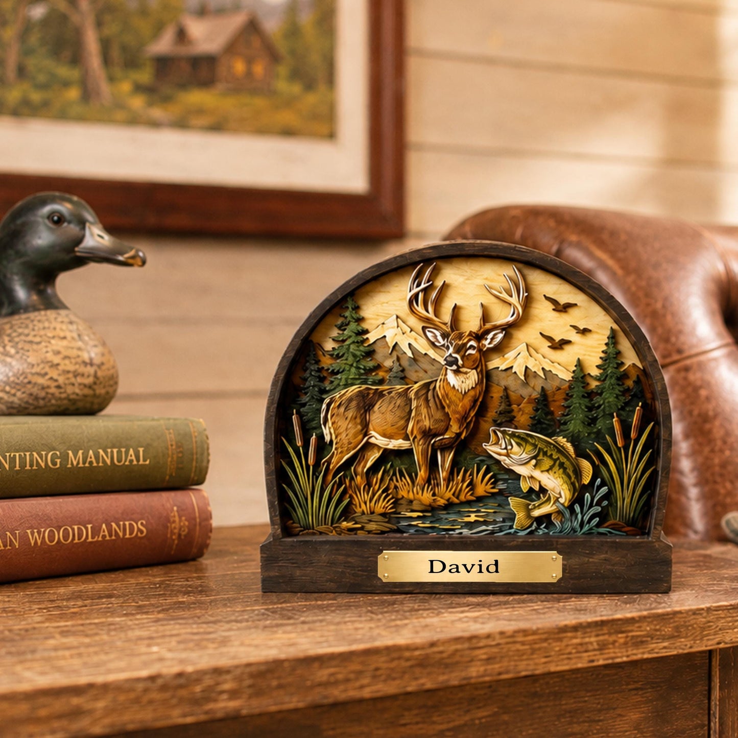 Personalized Deer and Bass Layered Wood Shelf Sitter, Cabin Decor, Hunting Fishing Mantel Tabletop, Fathers Day Gift for Outdoorsman