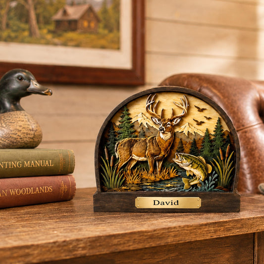 Personalized Deer and Bass Layered Wood Shelf Sitter, Cabin Decor, Hunting Fishing Mantel Tabletop, Fathers Day Gift for Outdoorsman