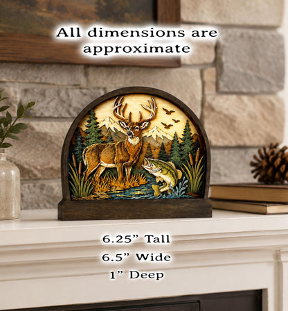 Personalized Deer and Bass Layered Wood Shelf Sitter, Cabin Decor, Hunting Fishing Mantel Tabletop, Fathers Day Gift for Outdoorsman