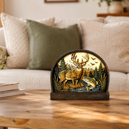 Personalized Deer and Bass Layered Wood Shelf Sitter, Cabin Decor, Hunting Fishing Mantel Tabletop, Fathers Day Gift for Outdoorsman