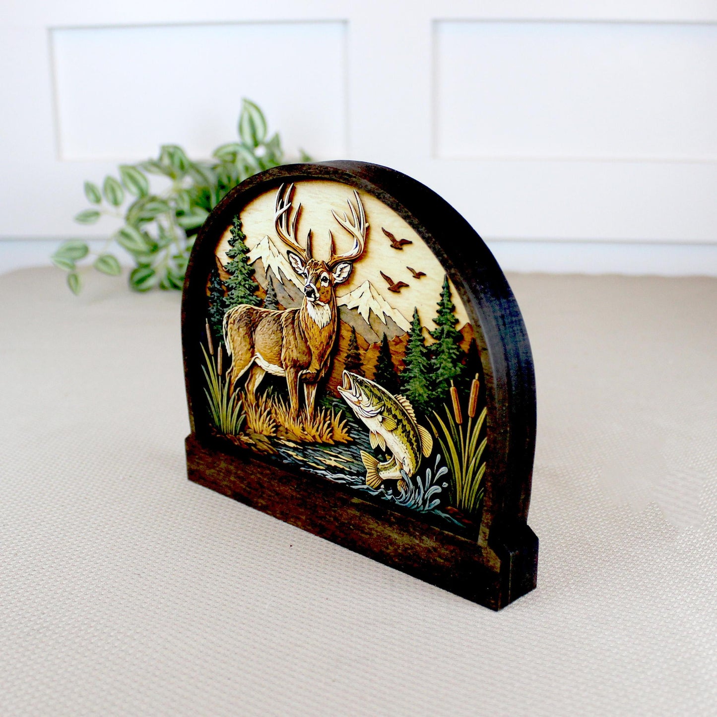 Personalized Deer and Bass Layered Wood Shelf Sitter, Cabin Decor, Hunting Fishing Mantel Tabletop, Fathers Day Gift for Outdoorsman