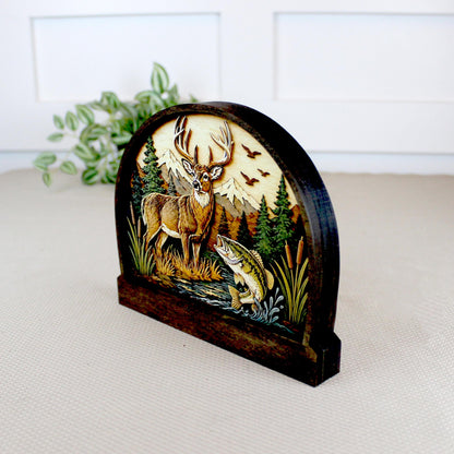 Personalized Deer and Bass Layered Wood Shelf Sitter, Cabin Decor, Hunting Fishing Mantel Tabletop, Fathers Day Gift for Outdoorsman