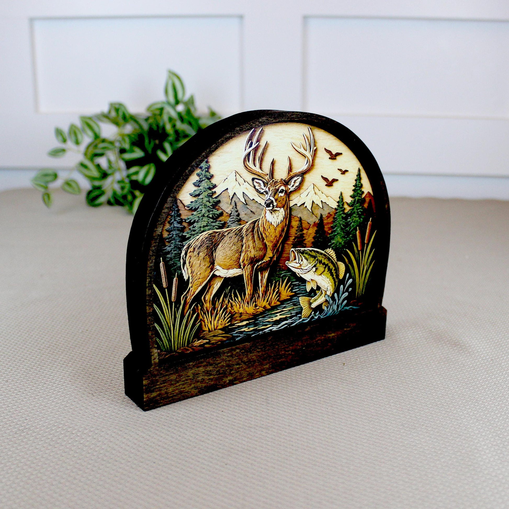 Personalized Deer and Bass Layered Wood Shelf Sitter, Cabin Decor, Hunting Fishing Mantel Tabletop, Fathers Day Gift for Outdoorsman