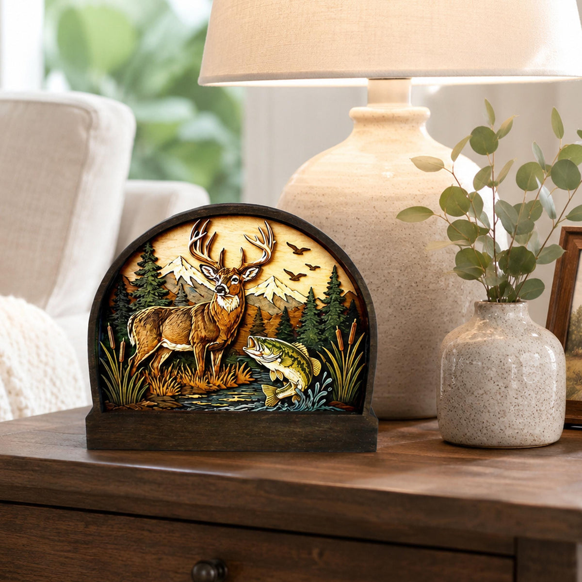 Personalized Deer and Bass Layered Wood Shelf Sitter, Cabin Decor, Hunting Fishing Mantel Tabletop, Fathers Day Gift for Outdoorsman