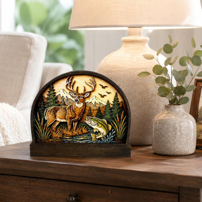 Personalized Deer and Bass Layered Wood Shelf Sitter, Cabin Decor, Hunting Fishing Mantel Tabletop, Fathers Day Gift for Outdoorsman