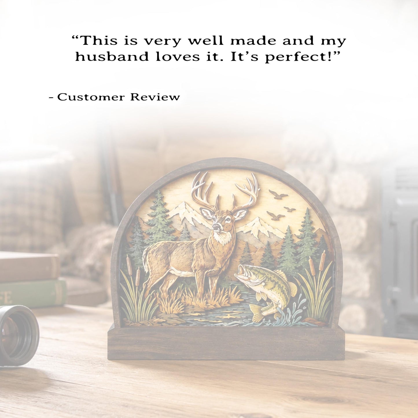 Personalized Deer and Bass Layered Wood Shelf Sitter, Cabin Decor, Hunting Fishing Mantel Tabletop, Fathers Day Gift for Outdoorsman