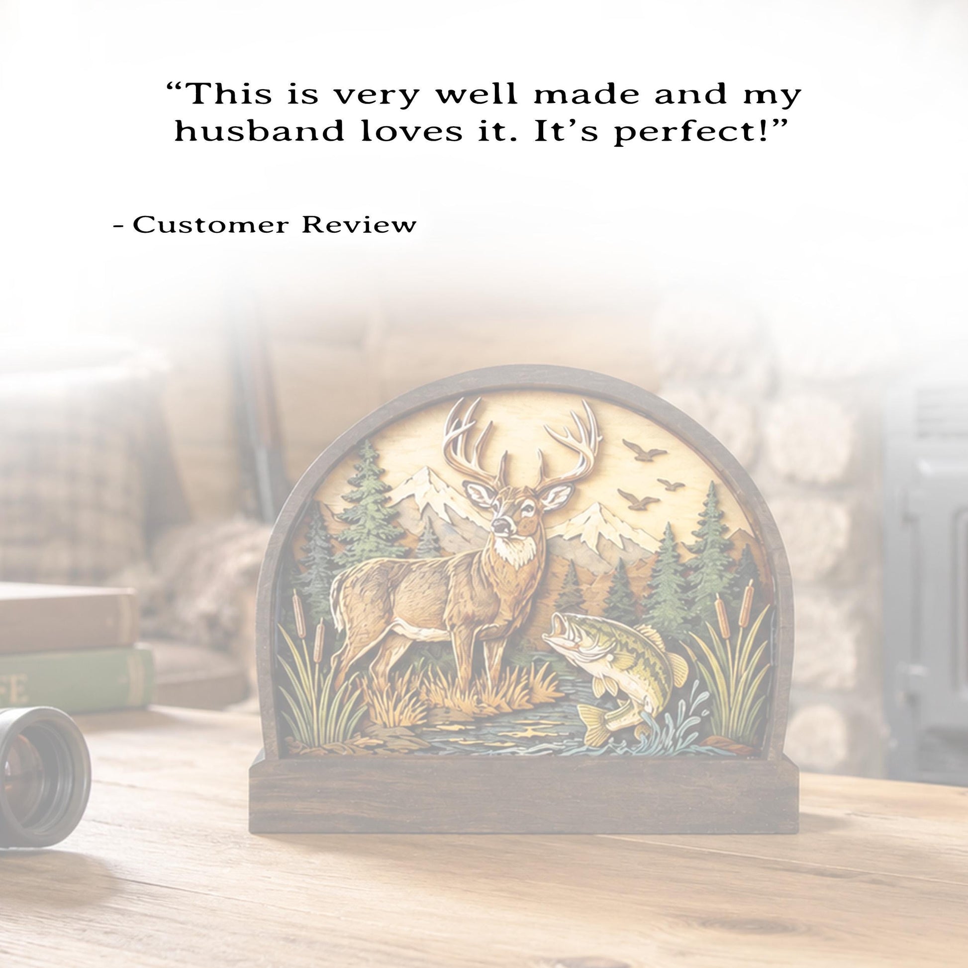 Personalized Deer and Bass Layered Wood Shelf Sitter, Cabin Decor, Hunting Fishing Mantel Tabletop, Fathers Day Gift for Outdoorsman