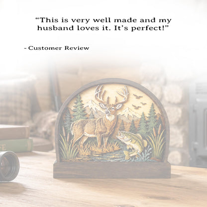 Personalized Deer and Bass Layered Wood Shelf Sitter, Cabin Decor, Hunting Fishing Mantel Tabletop, Fathers Day Gift for Outdoorsman