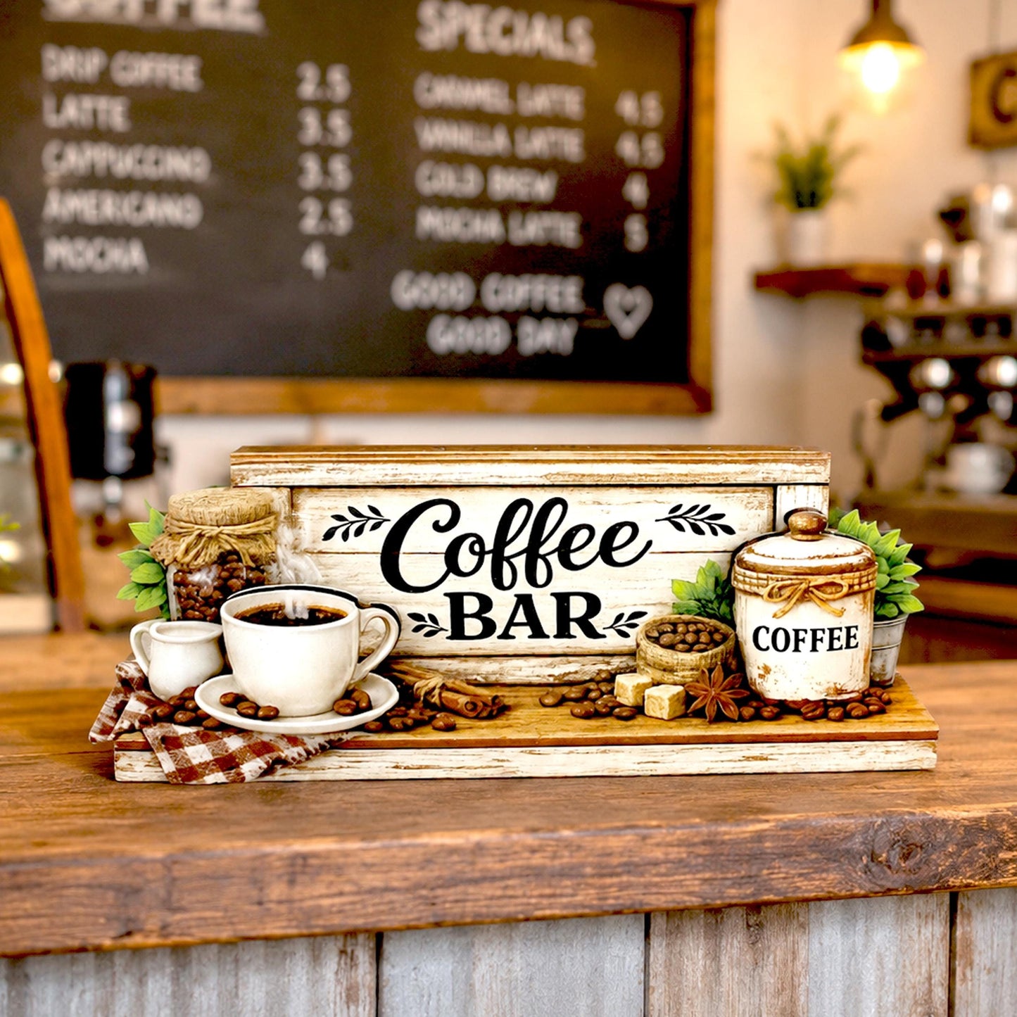 Personalized Coffee Bar Sign, Rustic Whitewashed Wood Decor, Tiered Tray Shelf Sitter, Coffee Station Centerpiece, Coffee Lover Gift Idea