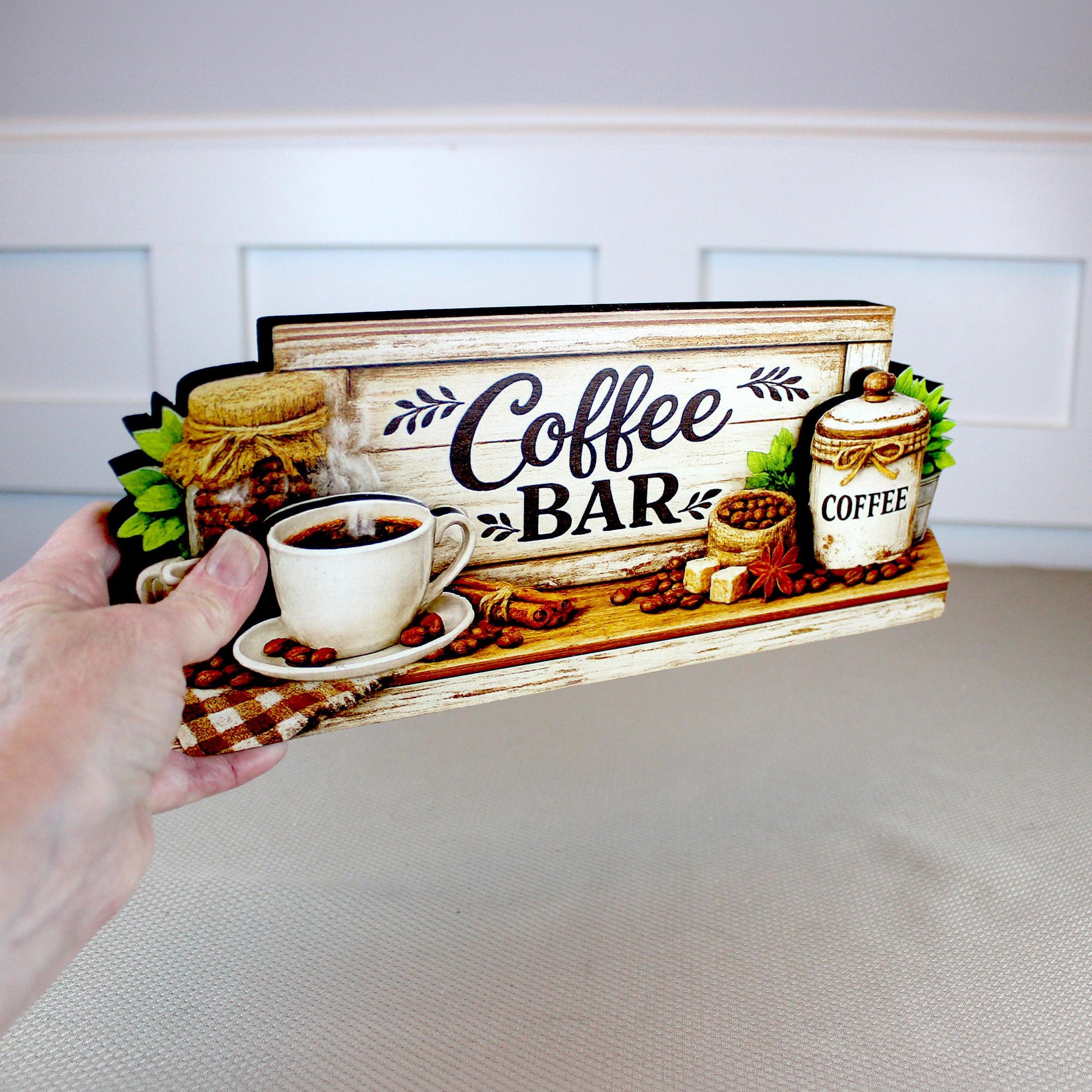 Personalized Coffee Bar Sign, Rustic Whitewashed Wood Decor, Tiered Tray Shelf Sitter, Coffee Station Centerpiece, Coffee Lover Gift Idea