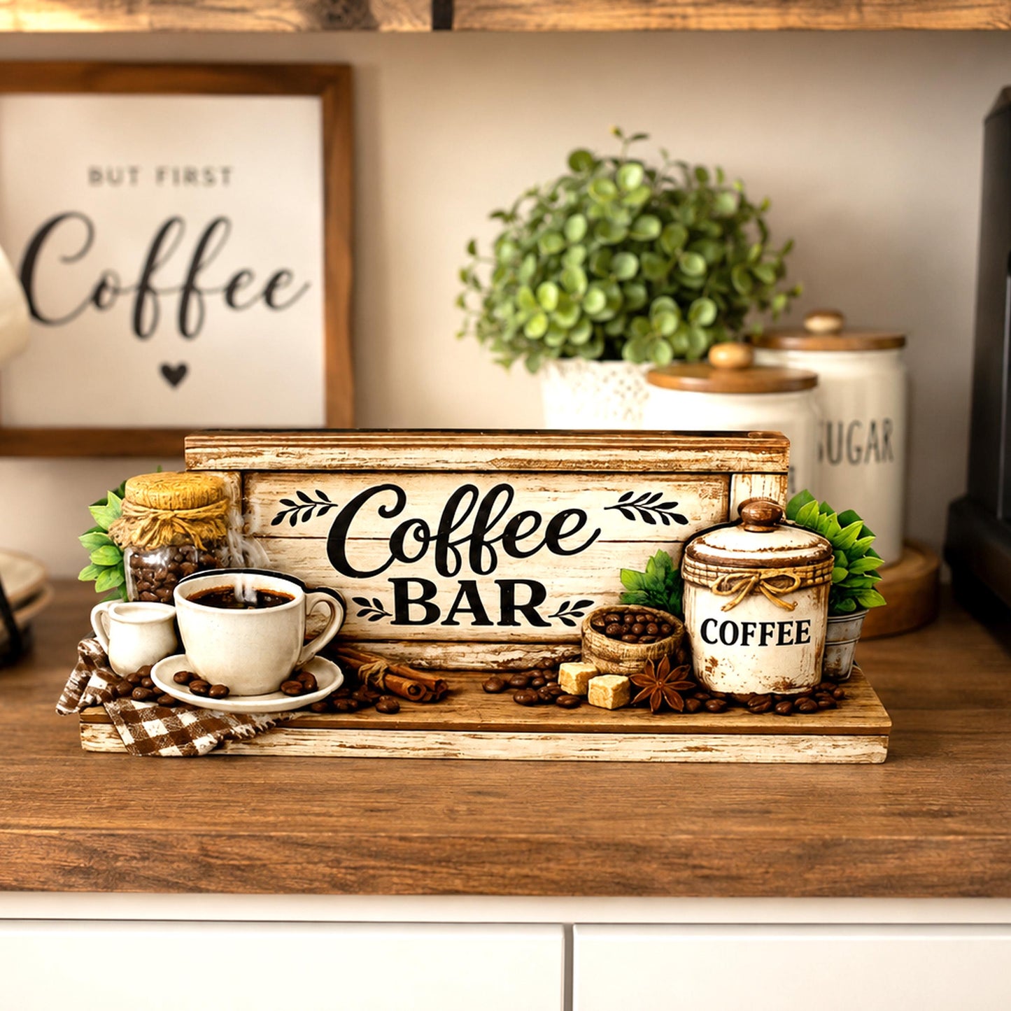 Personalized Coffee Bar Sign, Rustic Whitewashed Wood Decor, Tiered Tray Shelf Sitter, Coffee Station Centerpiece, Coffee Lover Gift Idea