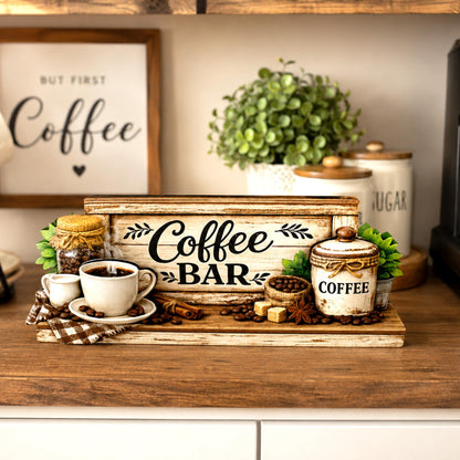 Personalized Coffee Bar Sign, Rustic Whitewashed Wood Decor, Tiered Tray Shelf Sitter, Coffee Station Centerpiece, Coffee Lover Gift Idea
