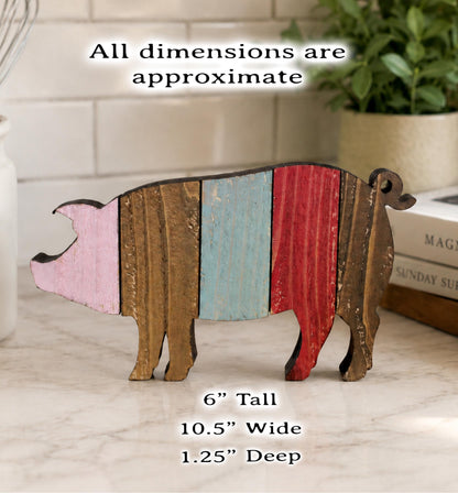 Rustic Farmhouse Pig Shelf Sitter, Pastel Striped Wood Cutout, Country Barnyard Tabletop Decor, Small Animal Figurine, Homestead Keepsake