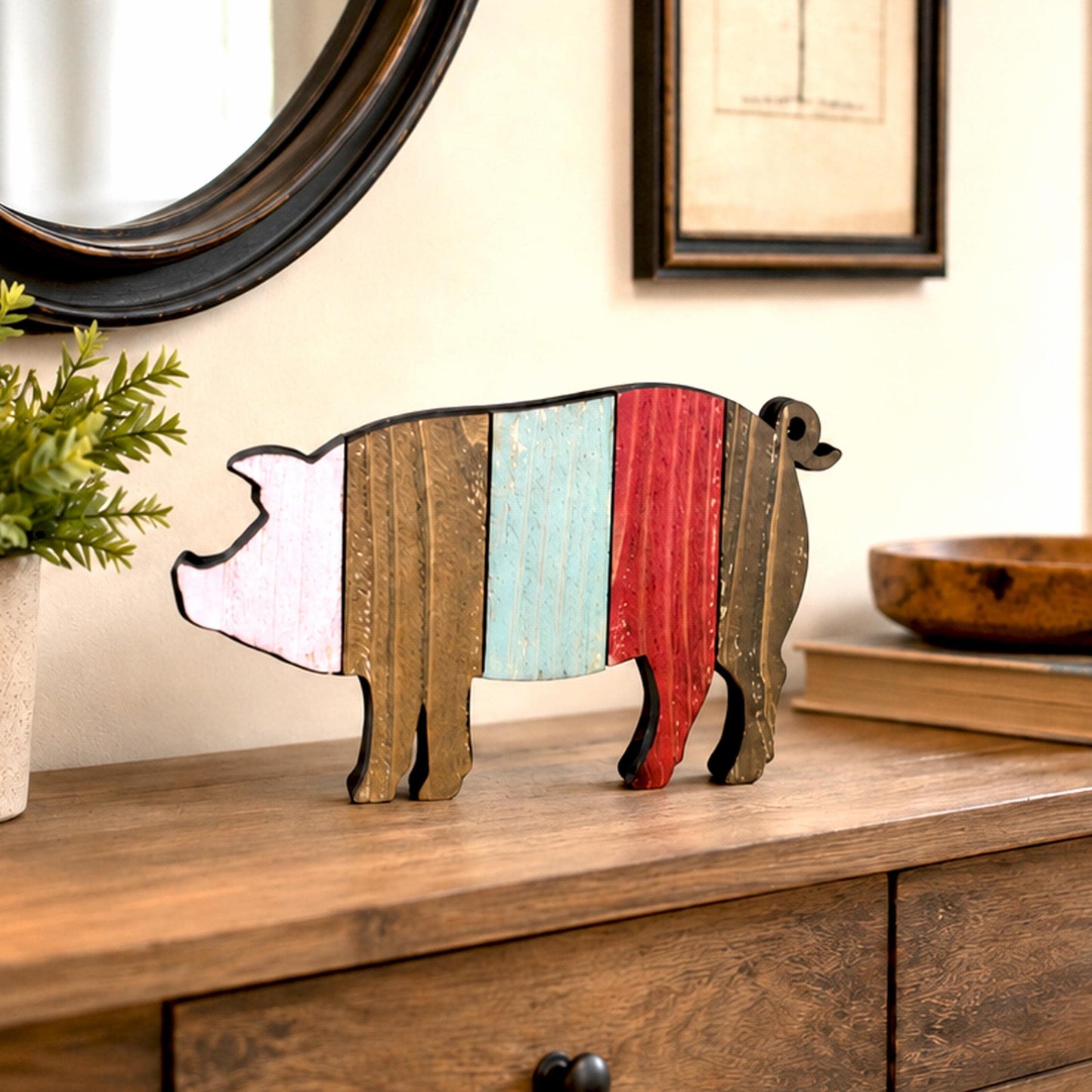 Rustic Farmhouse Pig Shelf Sitter, Pastel Striped Wood Cutout, Country Barnyard Tabletop Decor, Small Animal Figurine, Homestead Keepsake