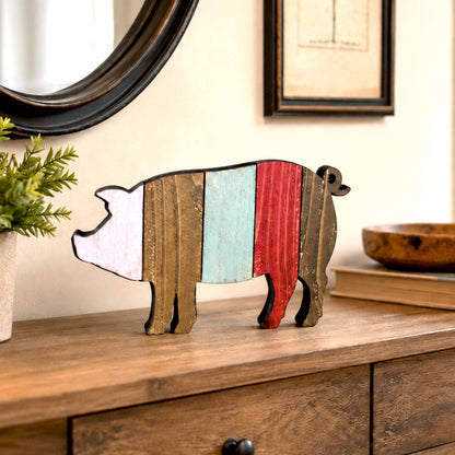 Rustic Farmhouse Pig Shelf Sitter, Pastel Striped Wood Cutout, Country Barnyard Tabletop Decor, Small Animal Figurine, Homestead Keepsake