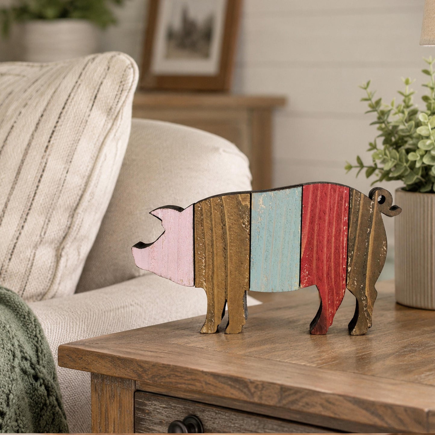 Rustic Farmhouse Pig Shelf Sitter, Pastel Striped Wood Cutout, Country Barnyard Tabletop Decor, Small Animal Figurine, Homestead Keepsake