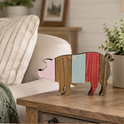 Rustic Farmhouse Pig Shelf Sitter, Pastel Striped Wood Cutout, Country Barnyard Tabletop Decor, Small Animal Figurine, Homestead Keepsake