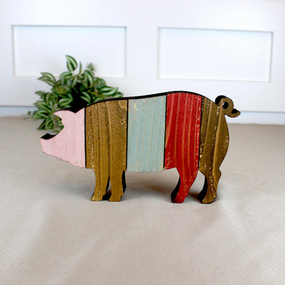Rustic Farmhouse Pig Shelf Sitter, Pastel Striped Wood Cutout, Country Barnyard Tabletop Decor, Small Animal Figurine, Homestead Keepsake