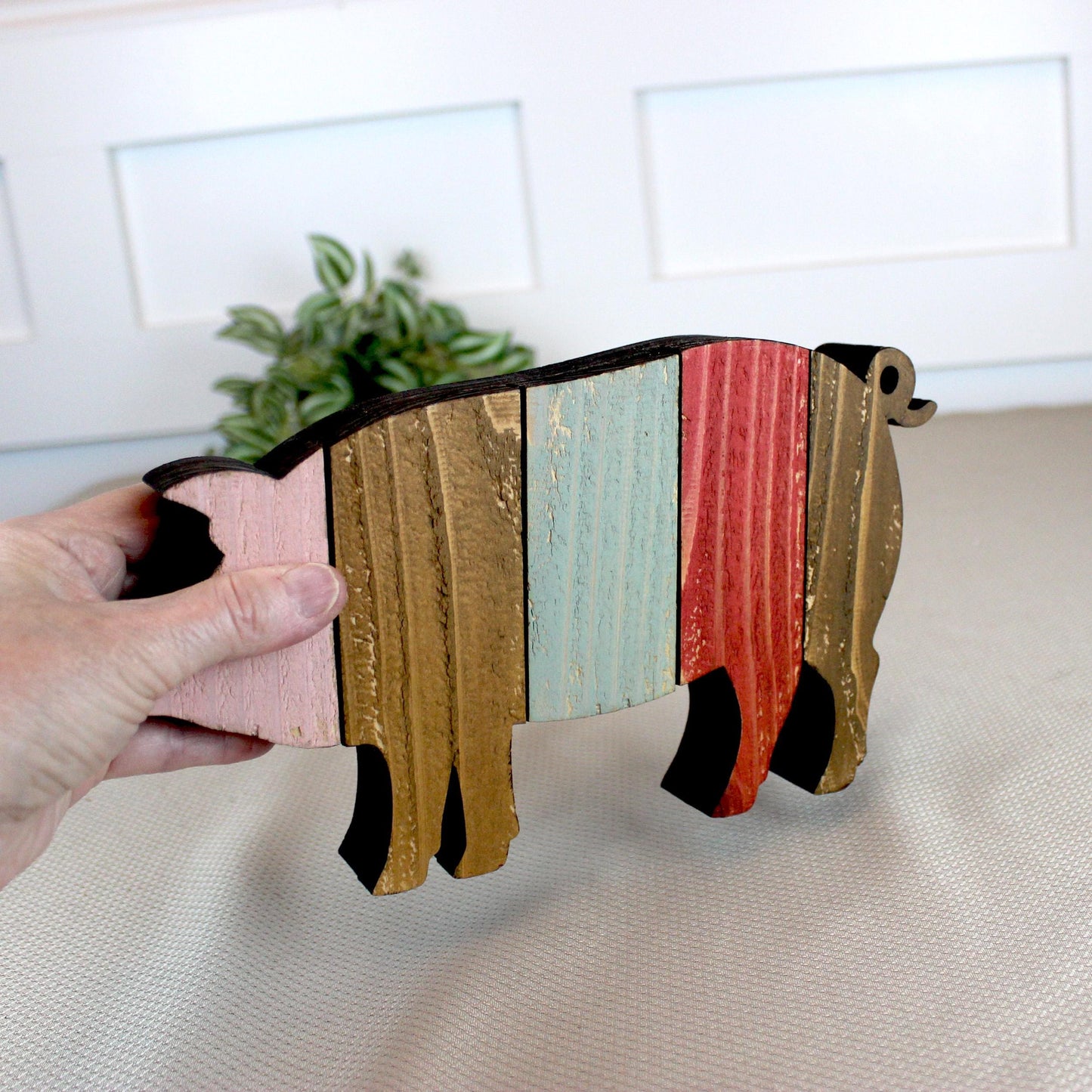 Rustic Farmhouse Pig Shelf Sitter, Pastel Striped Wood Cutout, Country Barnyard Tabletop Decor, Small Animal Figurine, Homestead Keepsake