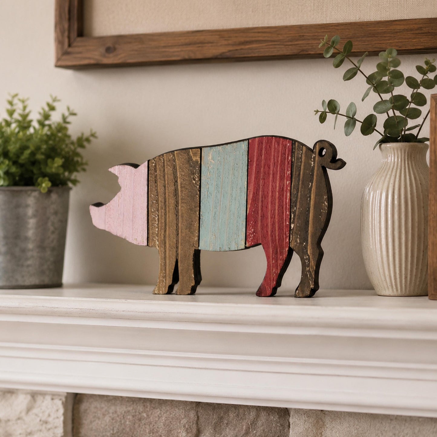 Rustic Farmhouse Pig Shelf Sitter, Pastel Striped Wood Cutout, Country Barnyard Tabletop Decor, Small Animal Figurine, Homestead Keepsake