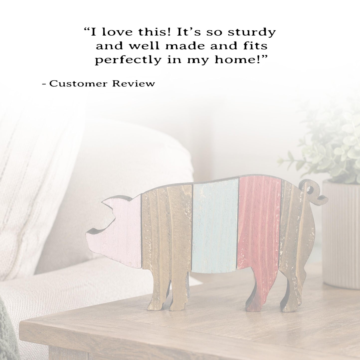 Rustic Farmhouse Pig Shelf Sitter, Pastel Striped Wood Cutout, Country Barnyard Tabletop Decor, Small Animal Figurine, Homestead Keepsake