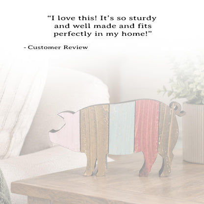 Rustic Farmhouse Pig Shelf Sitter, Pastel Striped Wood Cutout, Country Barnyard Tabletop Decor, Small Animal Figurine, Homestead Keepsake