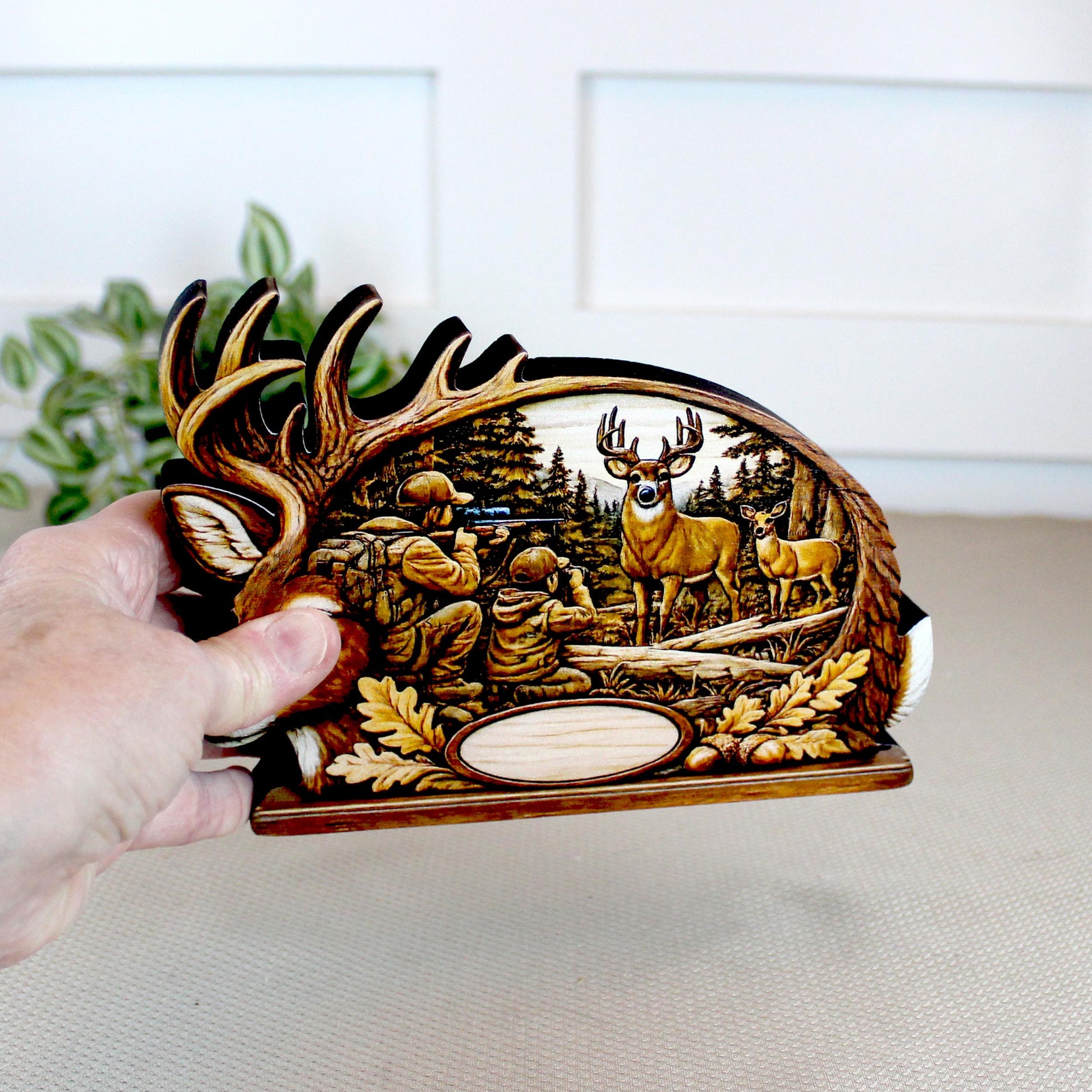 Personalized Father Son Deer Hunting Shelf Sitter, Rustic Buck Scene Tabletop Decor, Hunter Keepsake Gift for Dad, Mantle Decor