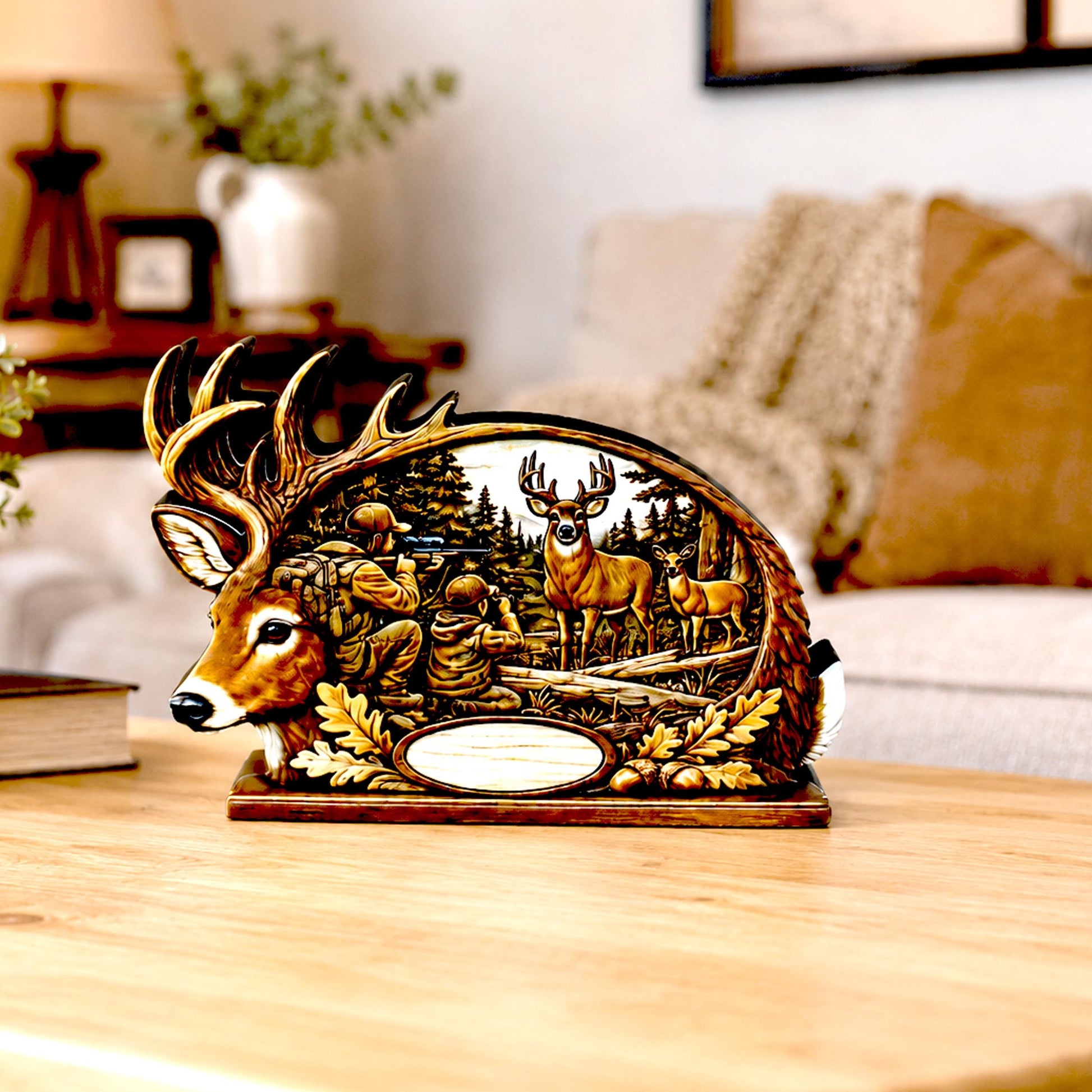 Personalized Father Son Deer Hunting Shelf Sitter, Rustic Buck Scene Tabletop Decor, Hunter Keepsake Gift for Dad, Mantle Decor