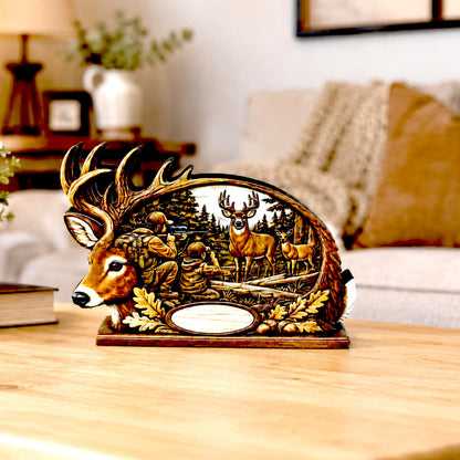Personalized Father Son Deer Hunting Shelf Sitter, Rustic Buck Scene Tabletop Decor, Hunter Keepsake Gift for Dad, Mantle Decor