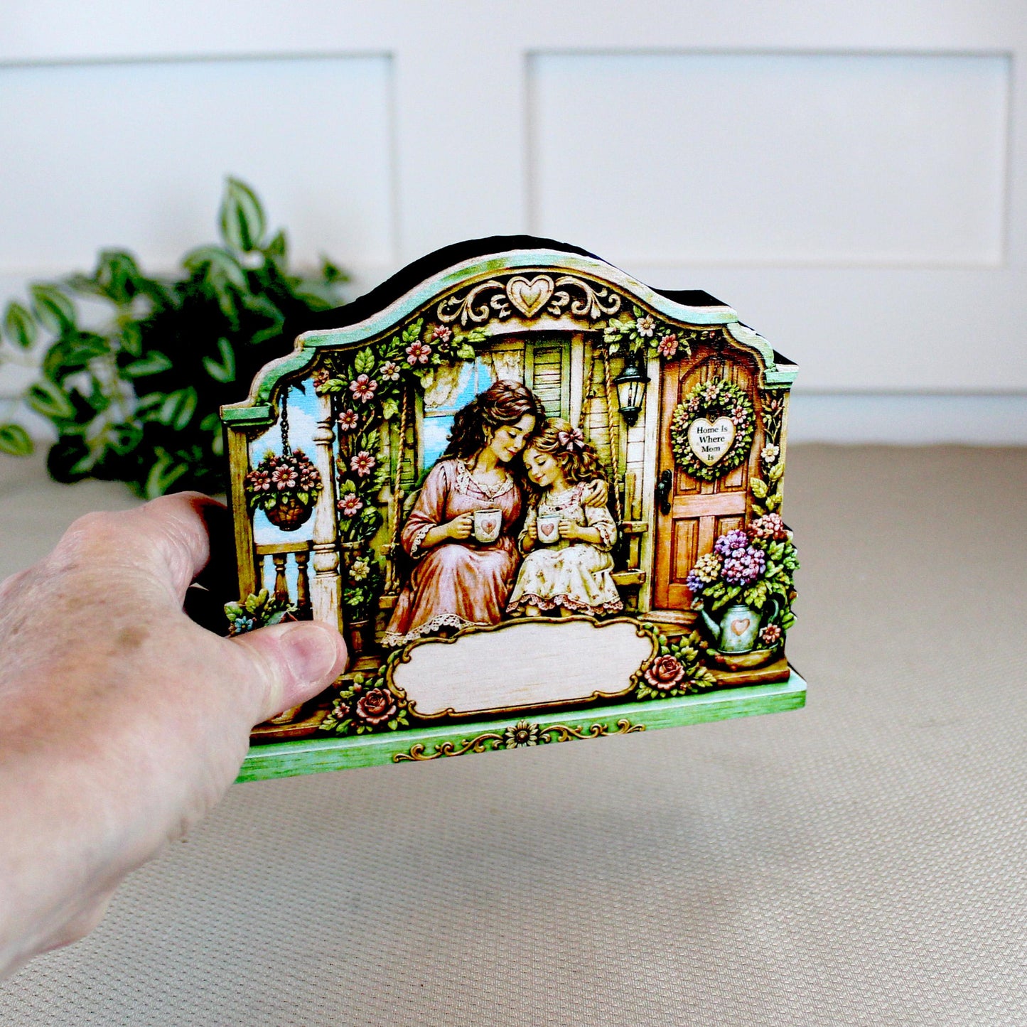 Personalized Mother Daughter Porch Shelf Sitter, Cozy Cottage Garden Scene, Mantle or Tabletop Keepsake Gift for Mom or Daughter