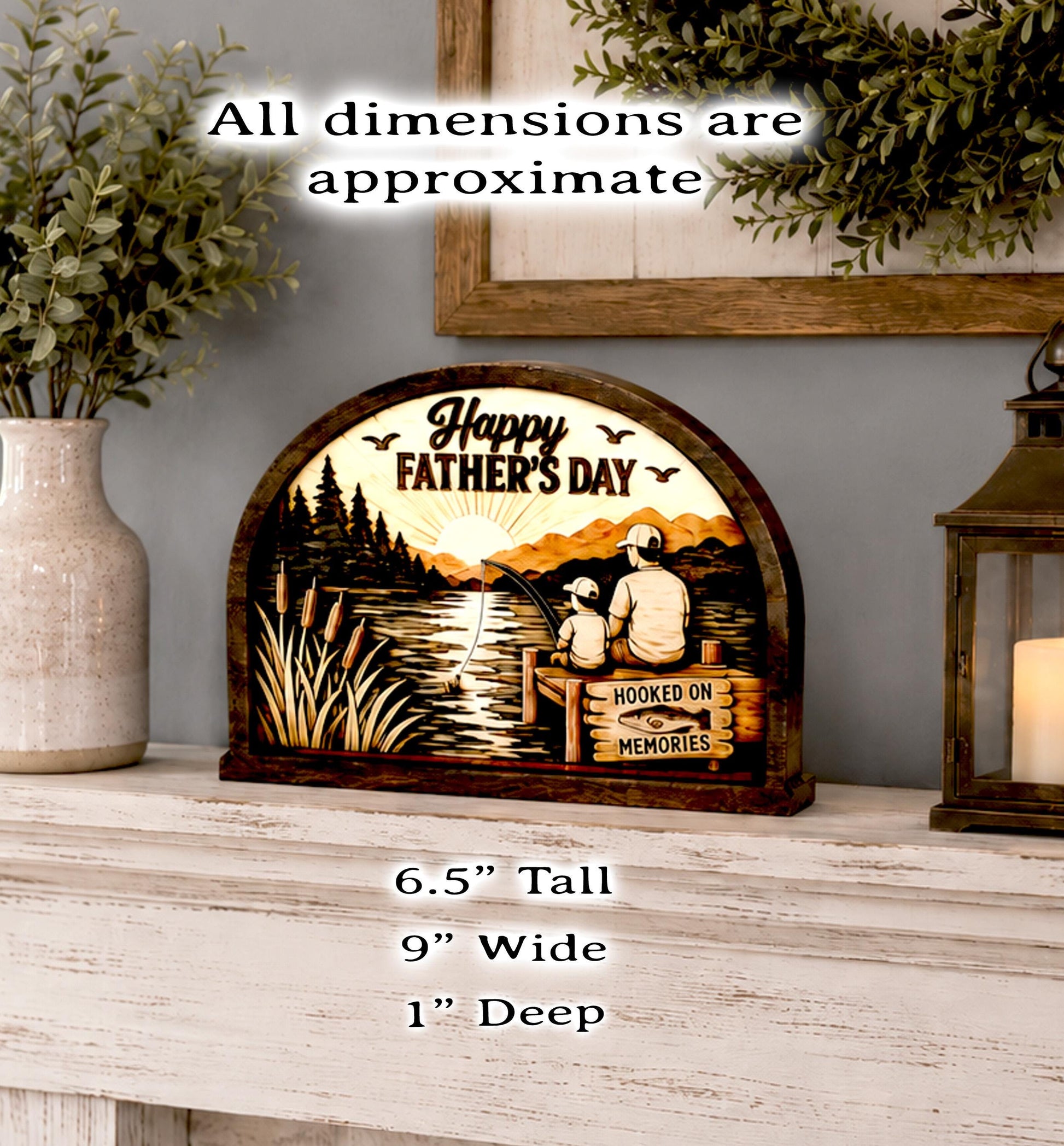 Personalized Father Son Fishing Shelf Sitter, Father’s Day Decor, Rustic Lake Scene Keepsake Gift for Dad, Tabletop Decor, Birthday Present