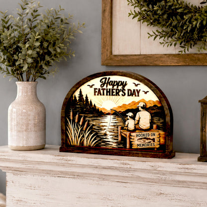 Personalized Father Son Fishing Shelf Sitter, Father’s Day Decor, Rustic Lake Scene Keepsake Gift for Dad, Tabletop Decor, Birthday Present