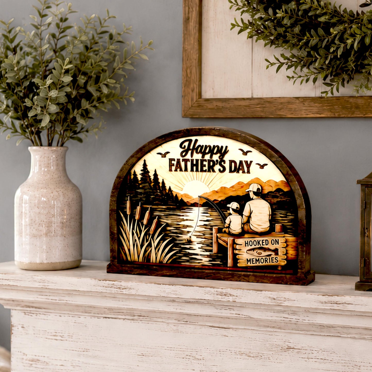 Personalized Father Son Fishing Shelf Sitter, Father’s Day Decor, Rustic Lake Scene Keepsake Gift for Dad, Tabletop Decor, Birthday Present