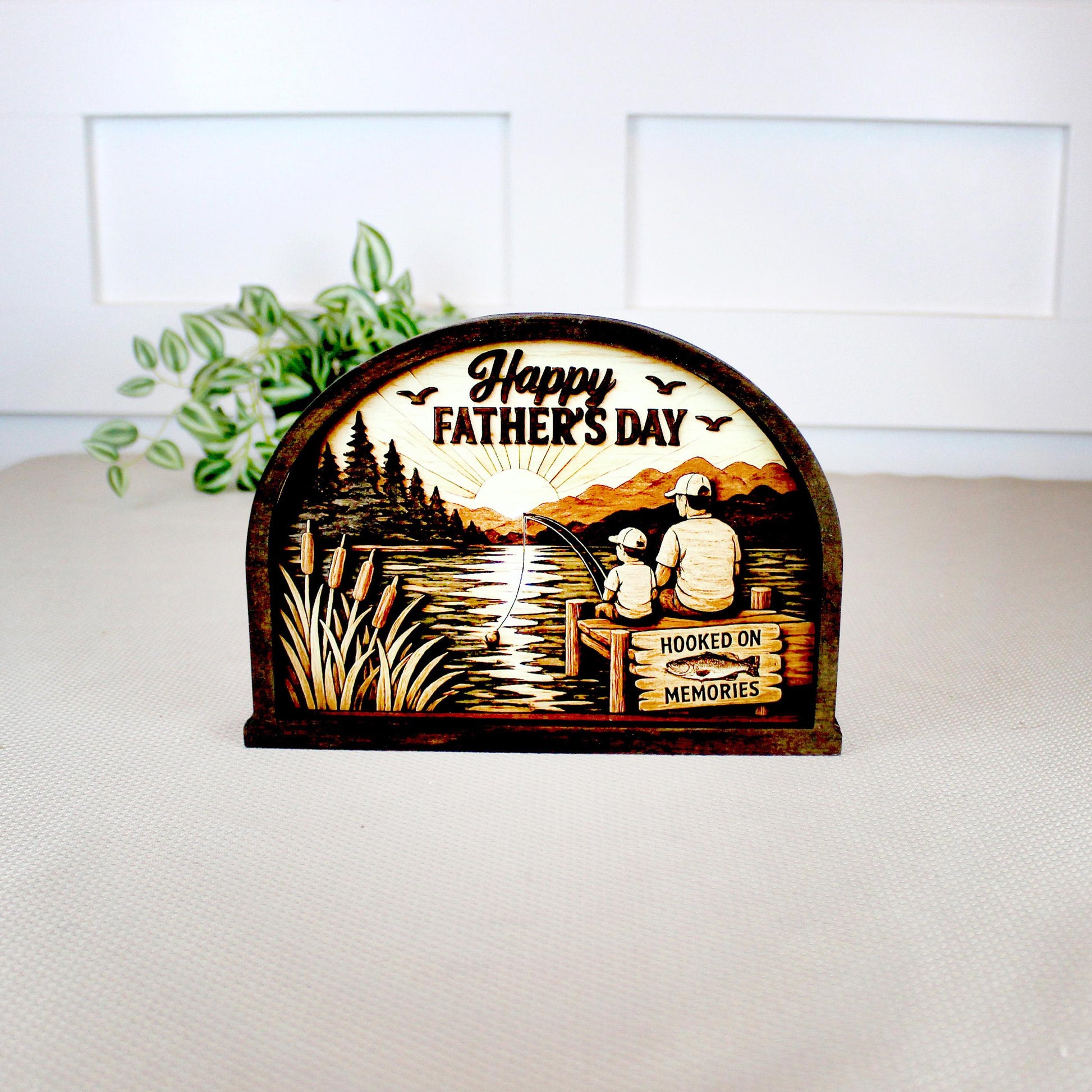 Personalized Father Son Fishing Shelf Sitter, Father’s Day Decor, Rustic Lake Scene Keepsake Gift for Dad, Tabletop Decor, Birthday Present