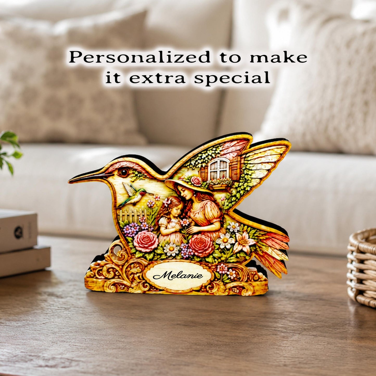Whimsical Hummingbird Shelf Sitter, Spring Cottage Wood Decor, Layered Floral Tabletop Sign, Bird Lover Gift, Garden Home Accent Keepsake