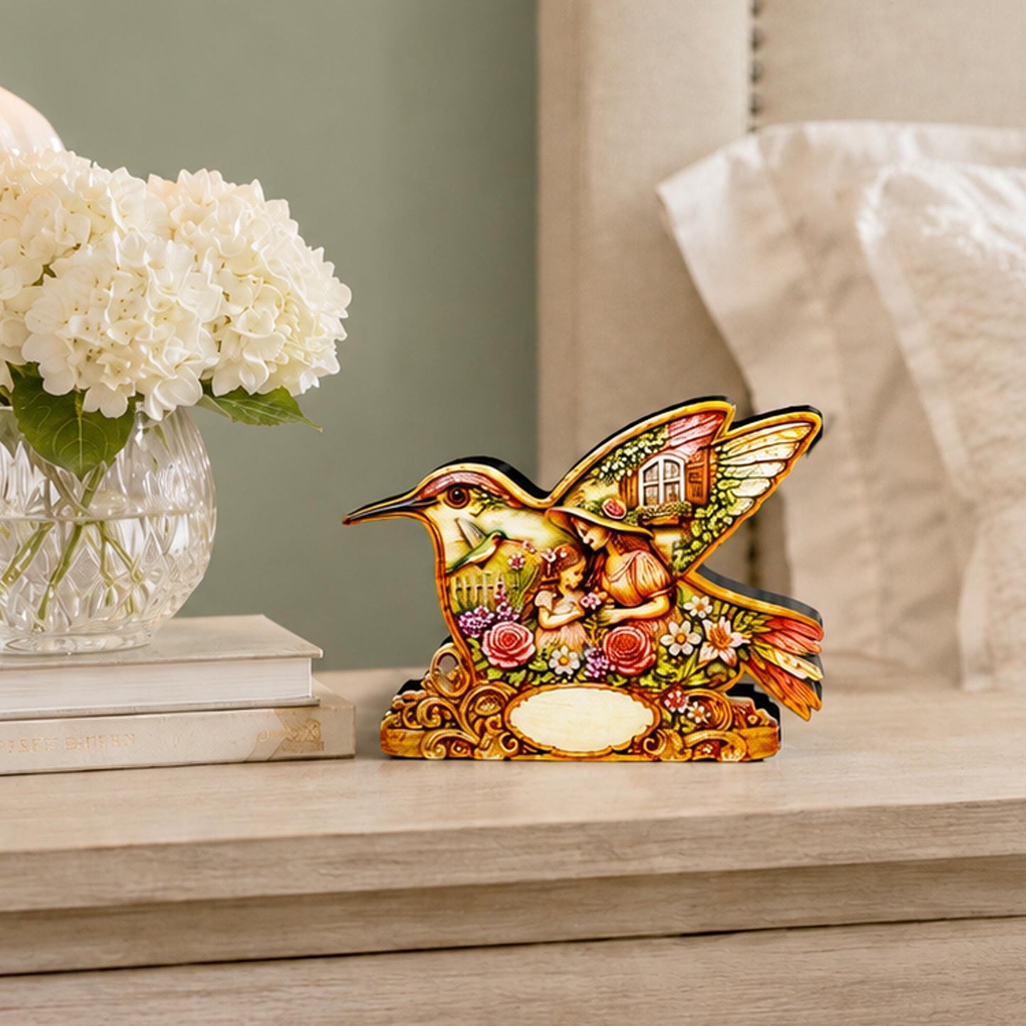 Whimsical Hummingbird Shelf Sitter, Spring Cottage Wood Decor, Layered Floral Tabletop Sign, Bird Lover Gift, Garden Home Accent Keepsake