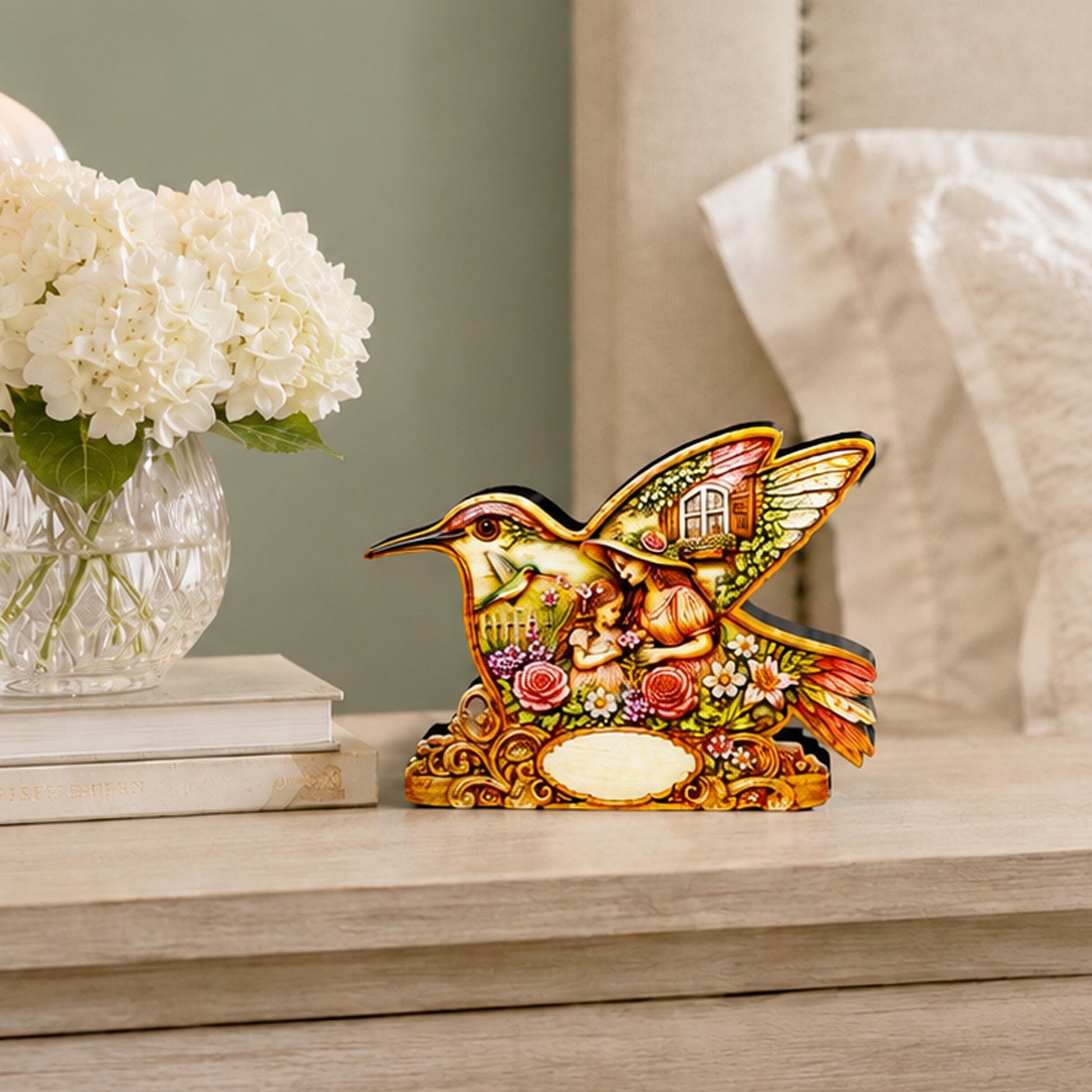 Whimsical Hummingbird Shelf Sitter, Spring Cottage Wood Decor, Layered Floral Tabletop Sign, Bird Lover Gift, Garden Home Accent Keepsake