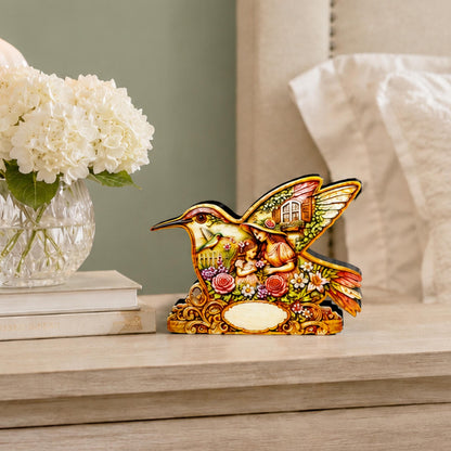 Whimsical Hummingbird Shelf Sitter, Spring Cottage Wood Decor, Layered Floral Tabletop Sign, Bird Lover Gift, Garden Home Accent Keepsake