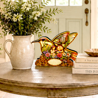 Whimsical Hummingbird Shelf Sitter, Spring Cottage Wood Decor, Layered Floral Tabletop Sign, Bird Lover Gift, Garden Home Accent Keepsake