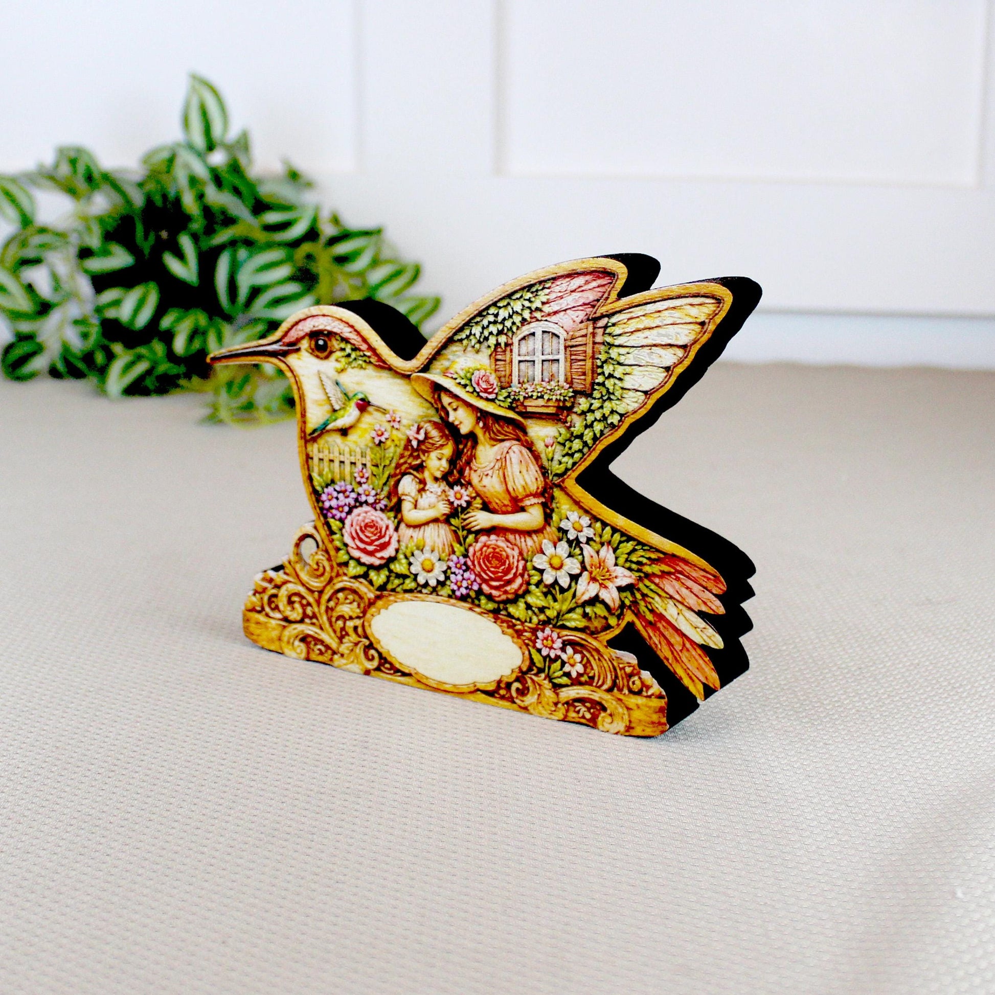 Whimsical Hummingbird Shelf Sitter, Spring Cottage Wood Decor, Layered Floral Tabletop Sign, Bird Lover Gift, Garden Home Accent Keepsake