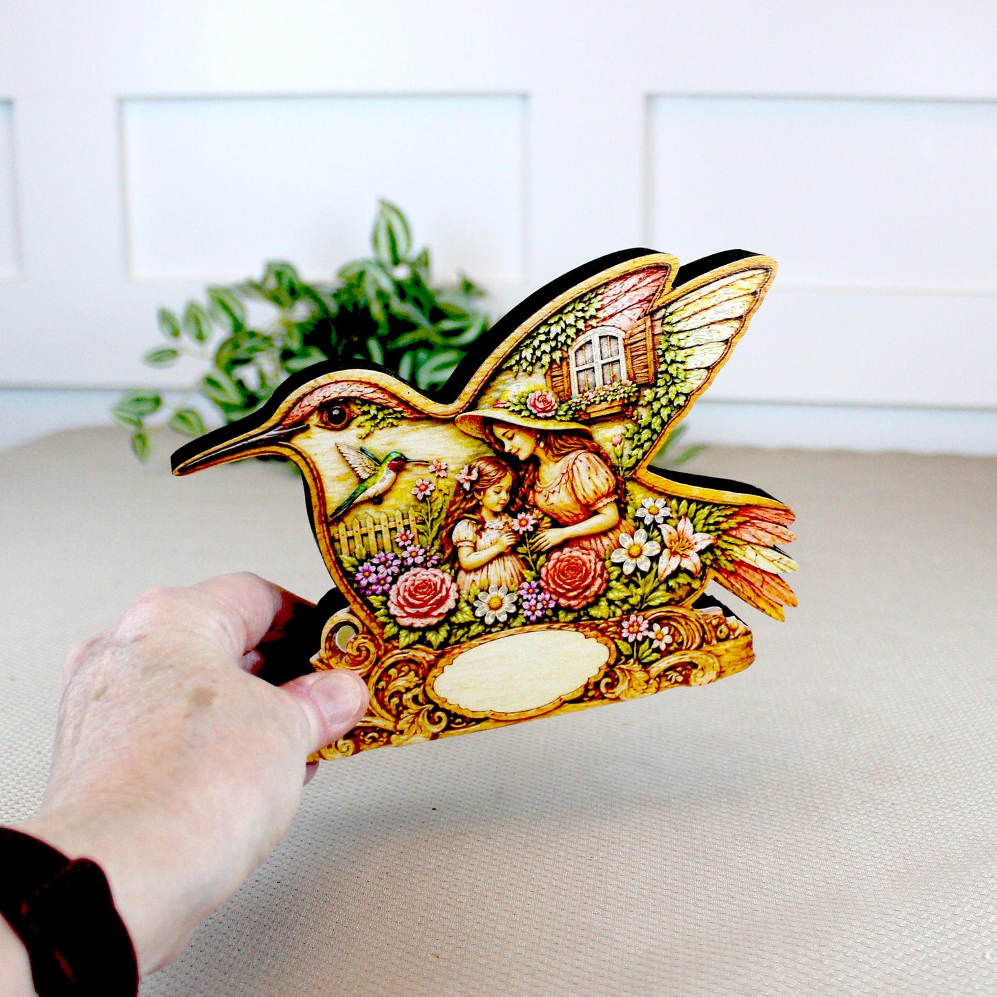 Whimsical Hummingbird Shelf Sitter, Spring Cottage Wood Decor, Layered Floral Tabletop Sign, Bird Lover Gift, Garden Home Accent Keepsake