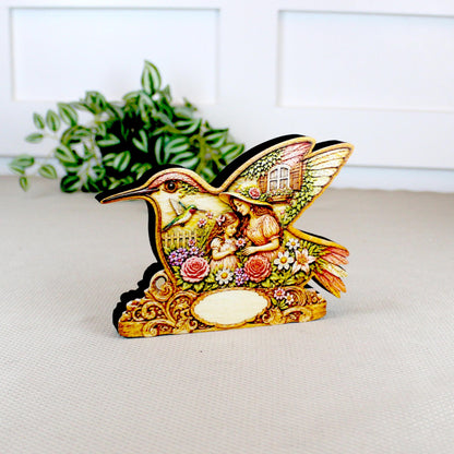 Whimsical Hummingbird Shelf Sitter, Spring Cottage Wood Decor, Layered Floral Tabletop Sign, Bird Lover Gift, Garden Home Accent Keepsake