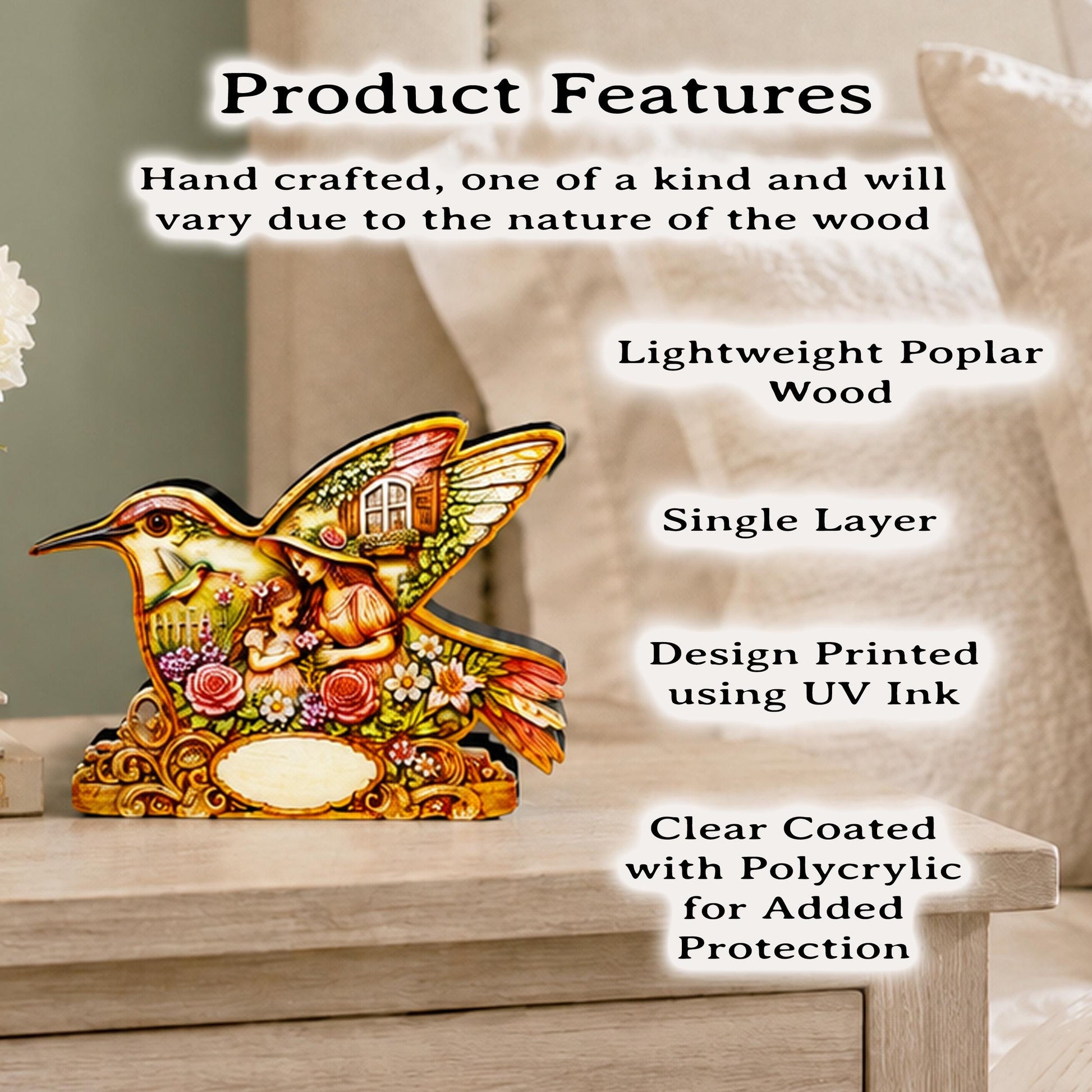 Whimsical Hummingbird Shelf Sitter, Spring Cottage Wood Decor, Layered Floral Tabletop Sign, Bird Lover Gift, Garden Home Accent Keepsake