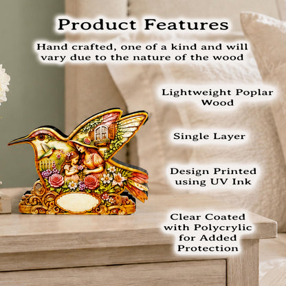 Whimsical Hummingbird Shelf Sitter, Spring Cottage Wood Decor, Layered Floral Tabletop Sign, Bird Lover Gift, Garden Home Accent Keepsake