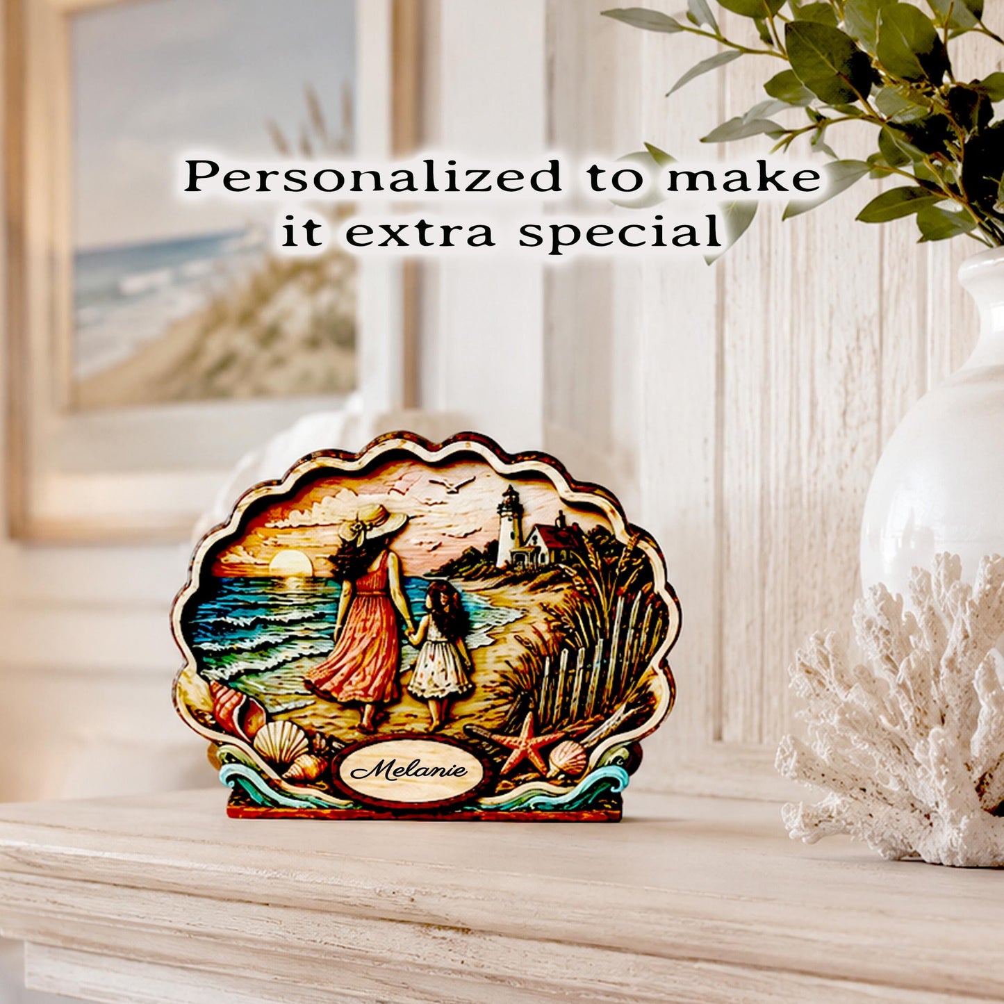 Personalized Mother Daughter Beach Shelf Sitter, Coastal Ocean Scene Decor, Seashell Tabletop Keepsake Gift for Mom or Daughter