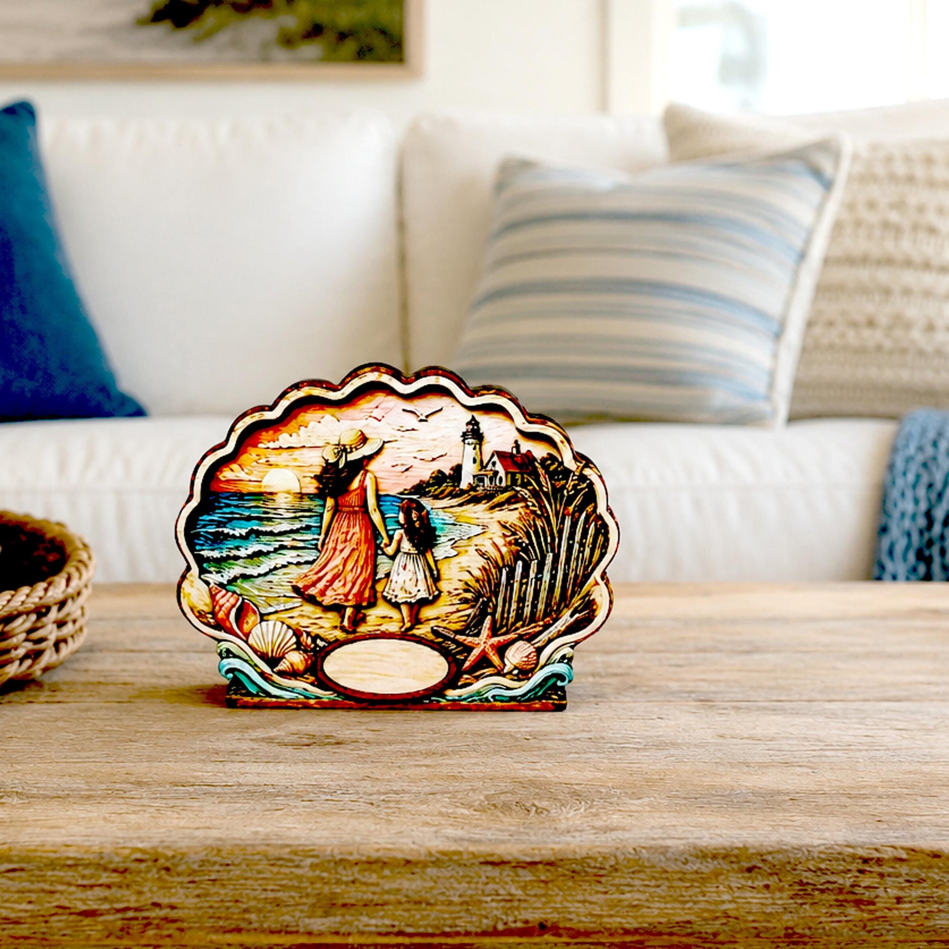 Personalized Mother Daughter Beach Shelf Sitter, Coastal Ocean Scene Decor, Seashell Tabletop Keepsake Gift for Mom or Daughter