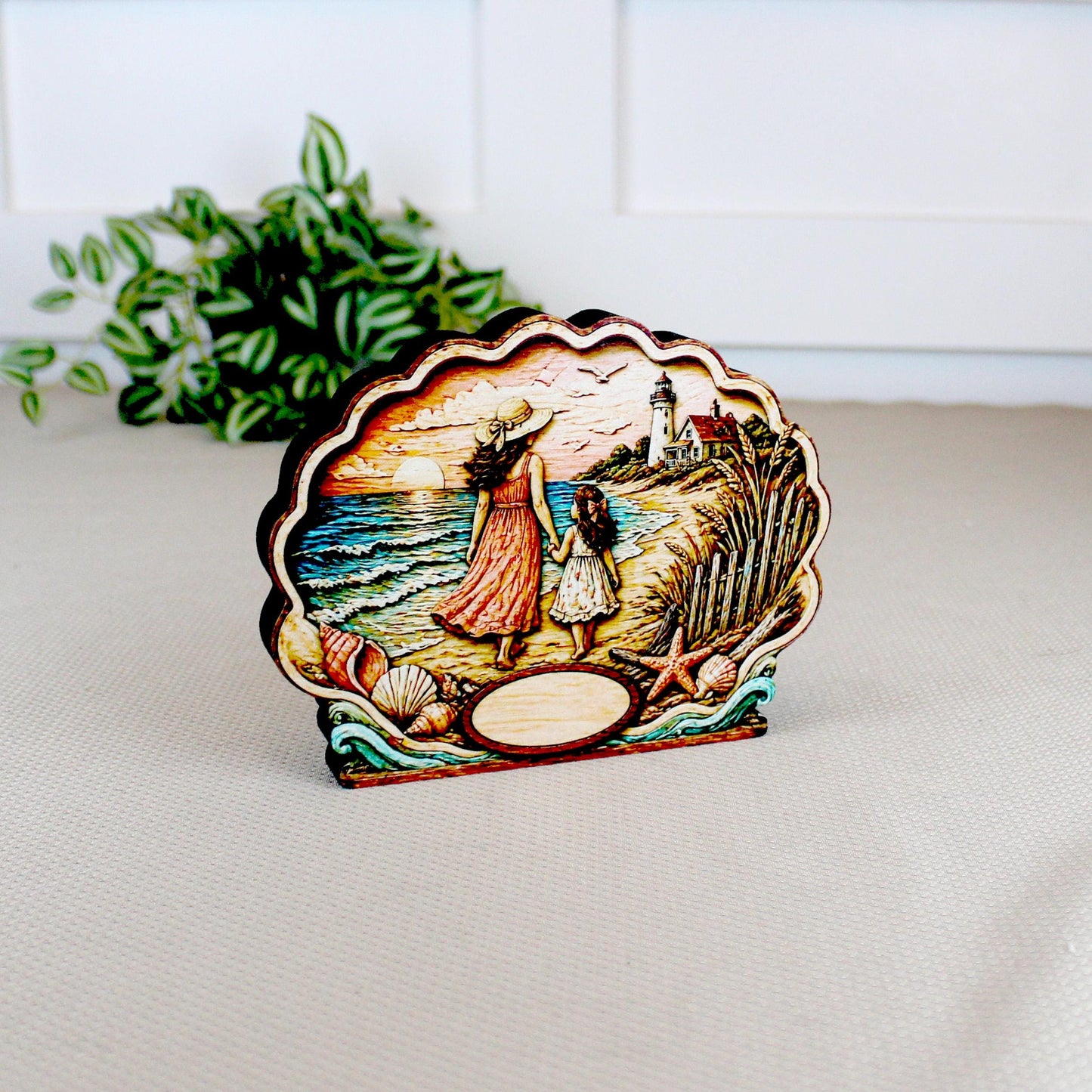 Personalized Mother Daughter Beach Shelf Sitter, Coastal Ocean Scene Decor, Seashell Tabletop Keepsake Gift for Mom or Daughter