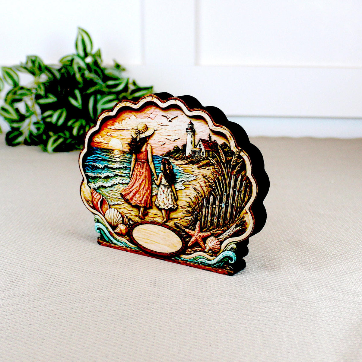 Personalized Mother Daughter Beach Shelf Sitter, Coastal Ocean Scene Decor, Seashell Tabletop Keepsake Gift for Mom or Daughter