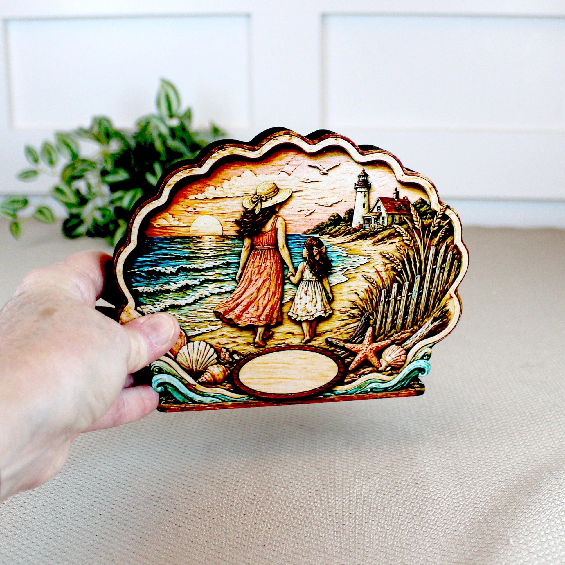 Personalized Mother Daughter Beach Shelf Sitter, Coastal Ocean Scene Decor, Seashell Tabletop Keepsake Gift for Mom or Daughter