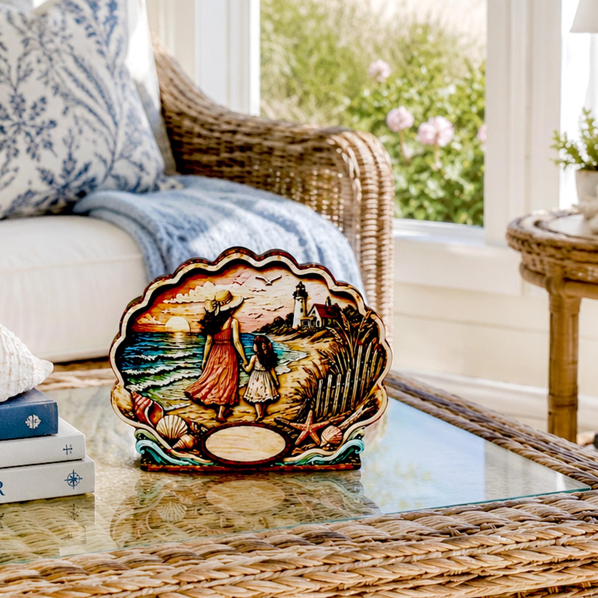 Personalized Mother Daughter Beach Shelf Sitter, Coastal Ocean Scene Decor, Seashell Tabletop Keepsake Gift for Mom or Daughter